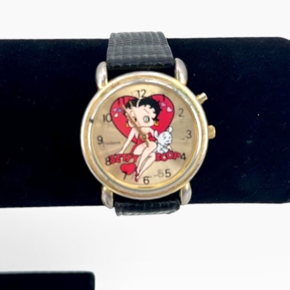 Vintage Betty Boop Watch Gold Tone Black Leather New Battery Retro Valdawn
